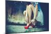 Woman Legs In Red High Heel Shoes And Short Skirt Outdoor Shot Against Old Metal Door-coka-Mounted Art Print