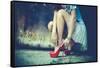 Woman Legs In Red High Heel Shoes And Short Skirt Outdoor Shot Against Old Metal Door-coka-Framed Stretched Canvas