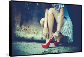 Woman Legs In Red High Heel Shoes And Short Skirt Outdoor Shot Against Old Metal Door-coka-Framed Stretched Canvas