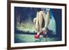 Woman Legs In Red High Heel Shoes And Short Skirt Outdoor Shot Against Old Metal Door-coka-Framed Art Print