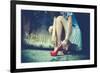 Woman Legs In Red High Heel Shoes And Short Skirt Outdoor Shot Against Old Metal Door-coka-Framed Art Print