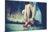 Woman Legs In Red High Heel Shoes And Short Skirt Outdoor Shot Against Old Metal Door-coka-Mounted Art Print