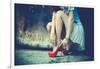 Woman Legs In Red High Heel Shoes And Short Skirt Outdoor Shot Against Old Metal Door-coka-Framed Art Print