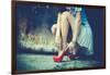 Woman Legs In Red High Heel Shoes And Short Skirt Outdoor Shot Against Old Metal Door-coka-Framed Art Print