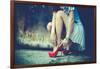 Woman Legs In Red High Heel Shoes And Short Skirt Outdoor Shot Against Old Metal Door-coka-Framed Art Print