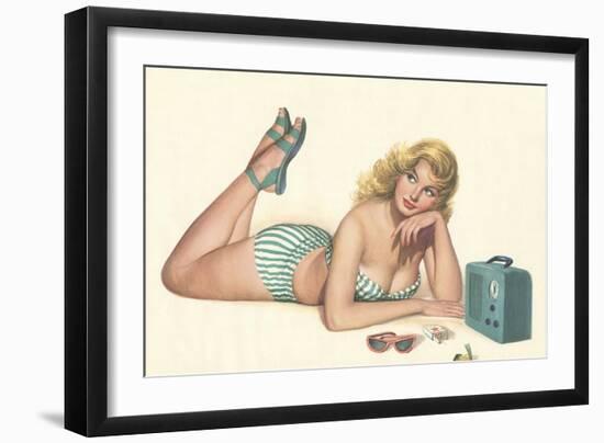 Woman Listening to Radio-null-Framed Art Print