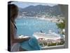 Woman Looking at Cruise Ship in Port, Charlotte Amalie, St. Thomas, US Virgin Islands, Caribbean-Angelo Cavalli-Stretched Canvas