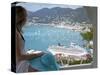Woman Looking at Cruise Ship in Port, Charlotte Amalie, St. Thomas, US Virgin Islands, Caribbean-Angelo Cavalli-Stretched Canvas