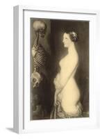Woman Looking at Skeleton-null-Framed Art Print