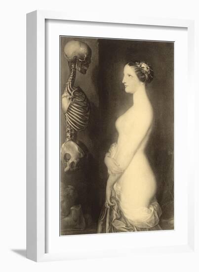 Woman Looking at Skeleton-null-Framed Art Print