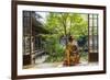 Woman looking out onto Zen garden, Kyoto, Japan-Peter Adams-Framed Photographic Print