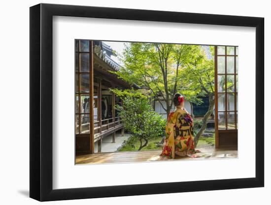 Woman looking out onto Zen garden, Kyoto, Japan-Peter Adams-Framed Photographic Print