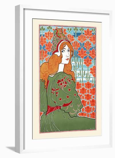 Woman Looking over Her Shoulder with Stylized Flowers in the Background-Louis Rhead-Framed Art Print