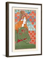 Woman Looking over Her Shoulder with Stylized Flowers in the Background-Louis Rhead-Framed Art Print