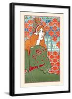 Woman Looking over Her Shoulder with Stylized Flowers in the Background-Louis Rhead-Framed Art Print