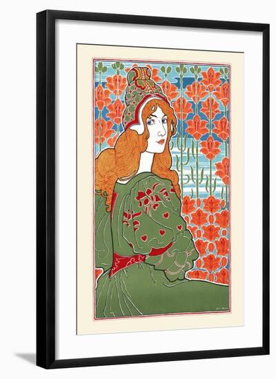 Woman Looking over Her Shoulder with Stylized Flowers in the Background-Louis Rhead-Framed Art Print