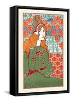 Woman Looking over Her Shoulder with Stylized Flowers in the Background-Louis Rhead-Framed Stretched Canvas