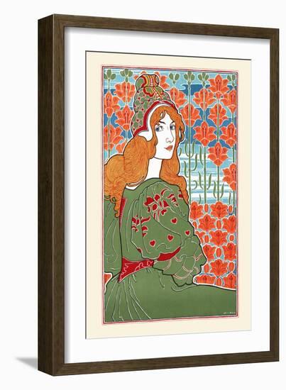 Woman Looking over Her Shoulder with Stylized Flowers in the Background-Louis Rhead-Framed Art Print