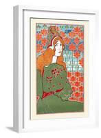 Woman Looking over Her Shoulder with Stylized Flowers in the Background-Louis Rhead-Framed Art Print