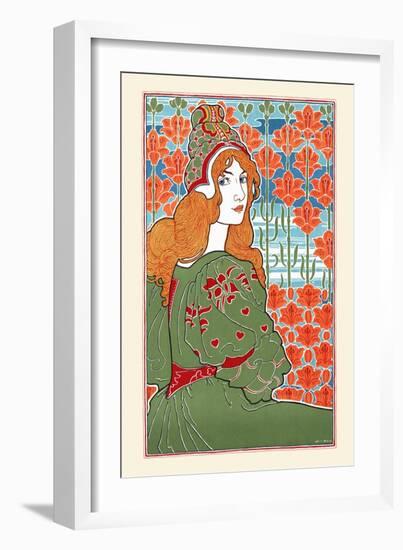 Woman Looking over Her Shoulder with Stylized Flowers in the Background-Louis Rhead-Framed Art Print