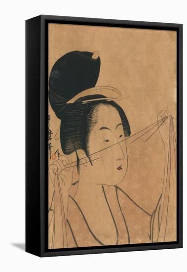 Woman Looks Thru Gossamer Silk Fabric-null-Framed Stretched Canvas