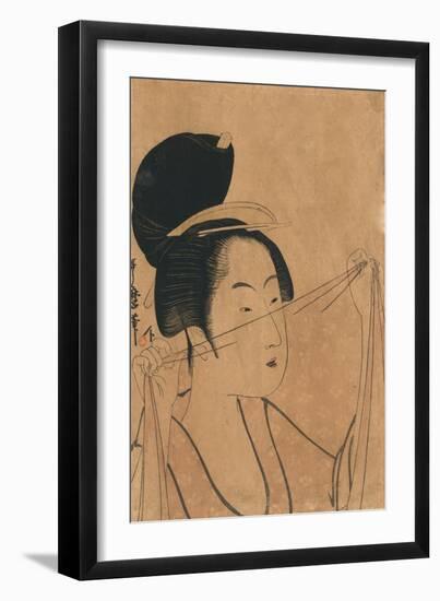 Woman Looks Thru Gossamer Silk Fabric-null-Framed Art Print