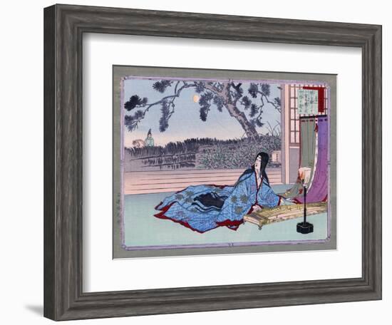 Woman Lying on the Floor Playing an Instrument, Japanese Wood-Cut Print-Lantern Press-Framed Art Print