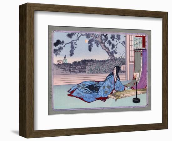 Woman Lying on the Floor Playing an Instrument, Japanese Wood-Cut Print-Lantern Press-Framed Art Print
