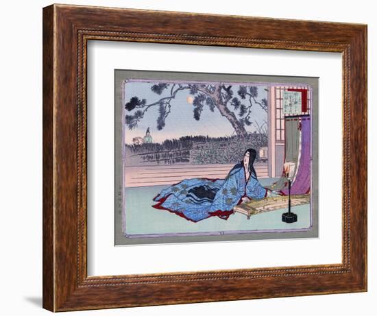 Woman Lying on the Floor Playing an Instrument, Japanese Wood-Cut Print-Lantern Press-Framed Art Print