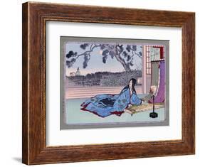 Woman Lying on the Floor Playing an Instrument, Japanese Wood-Cut Print-Lantern Press-Framed Art Print