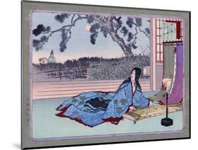 Woman Lying on the Floor Playing an Instrument, Japanese Wood-Cut Print-Lantern Press-Mounted Art Print