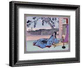 Woman Lying on the Floor Playing an Instrument, Japanese Wood-Cut Print-Lantern Press-Framed Art Print