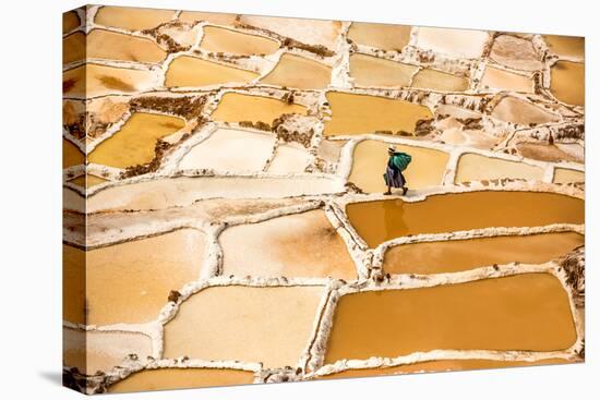 Woman Mining Salt, Salineras De Maras, Maras Salt Flats, Sacred Valley, Peru, South America-Laura Grier-Stretched Canvas