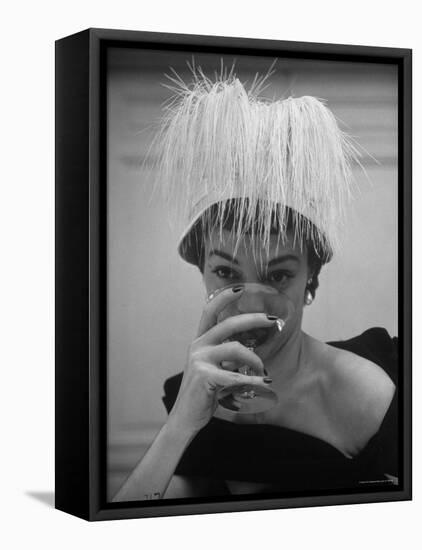 Woman Modeling White Satin Hat, with White Glycerin Feathers to Flatter Low Draped Neckline-Nina Leen-Framed Stretched Canvas