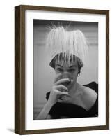 Woman Modeling White Satin Hat, with White Glycerin Feathers to Flatter Low Draped Neckline-Nina Leen-Framed Photographic Print