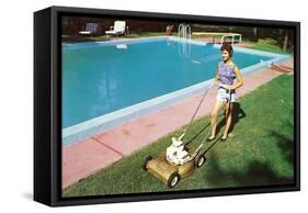 Woman Mowing Lawn by Pool, Retro-null-Framed Stretched Canvas