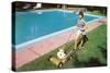 Woman Mowing Lawn by Pool, Retro-null-Stretched Canvas