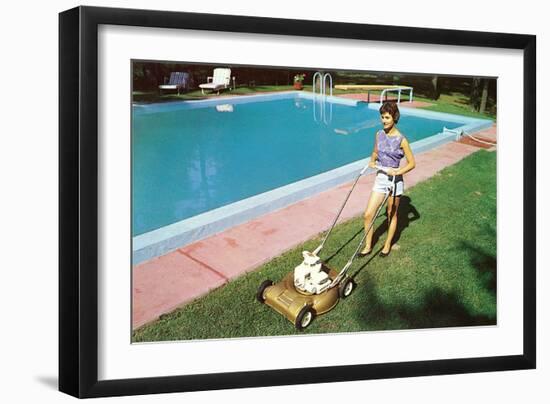 Woman Mowing Lawn by Pool, Retro-null-Framed Art Print