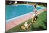 Woman Mowing Lawn by Pool, Retro-null-Mounted Art Print