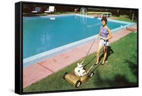 Woman Mowing Lawn by Pool, Retro-null-Framed Stretched Canvas