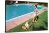 Woman Mowing Lawn by Pool, Retro-null-Stretched Canvas