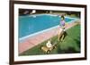 Woman Mowing Lawn by Pool, Retro-null-Framed Art Print