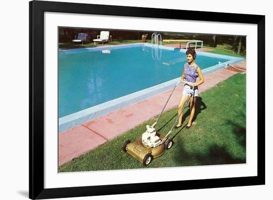 Woman Mowing Lawn by Pool, Retro-null-Framed Art Print