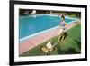 Woman Mowing Lawn by Pool, Retro-null-Framed Art Print