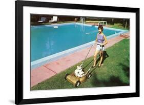 Woman Mowing Lawn by Pool, Retro-null-Framed Art Print