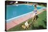 Woman Mowing Lawn by Pool, Retro-null-Stretched Canvas