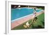 Woman Mowing Lawn by Pool, Retro-null-Framed Art Print