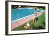 Woman Mowing Lawn by Pool, Retro-null-Framed Art Print