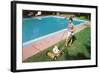 Woman Mowing Lawn by Pool, Retro-null-Framed Art Print