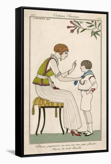 Woman: Narrow Pleated Skirt, Japonaise Silk Blouse, Short Sleevless Tunic and Sash-Georges Barbier-Framed Stretched Canvas